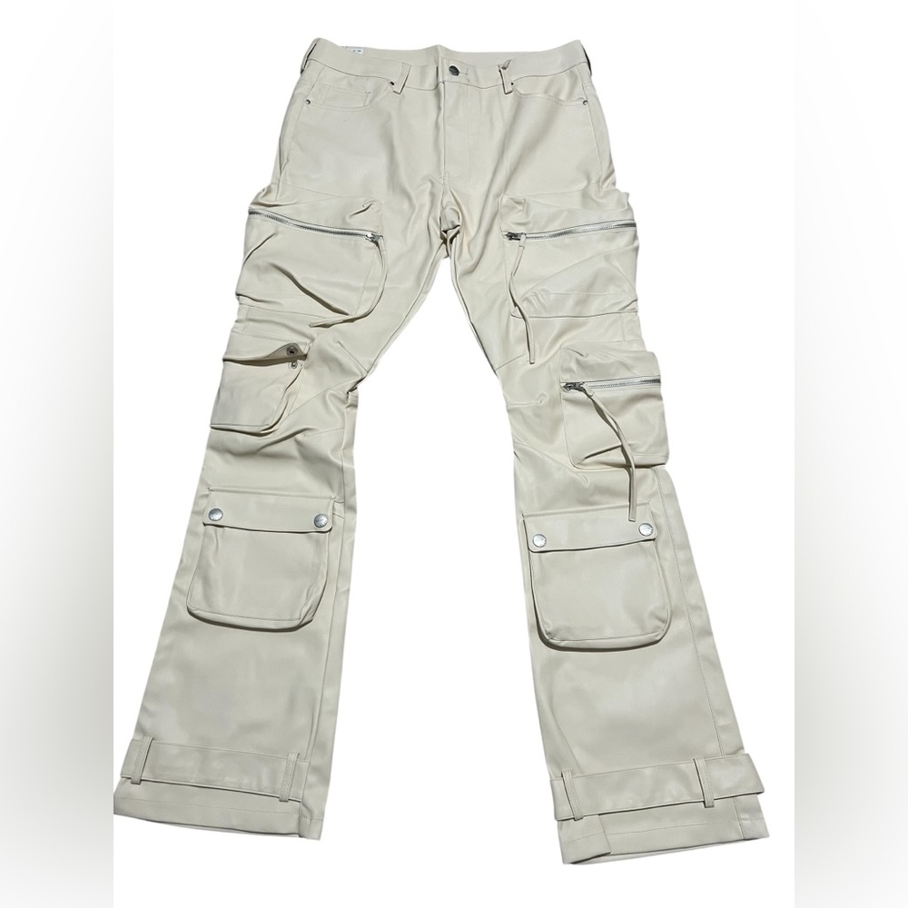 First Row men’s stacked faux leather pants multiple leg pockets cream size 36X35
